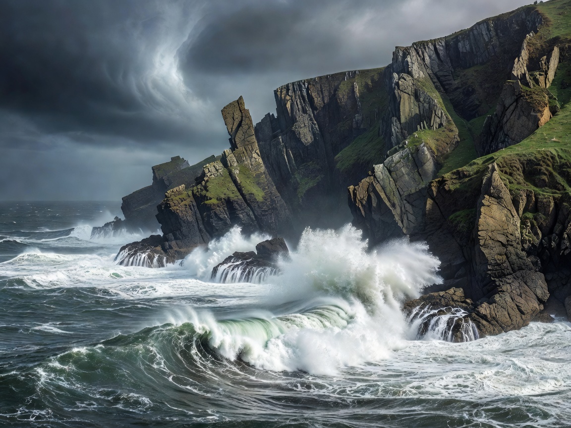 Dramatic ocean cliffs and ocean waves crashing on Ireland Wild Atlantic Way