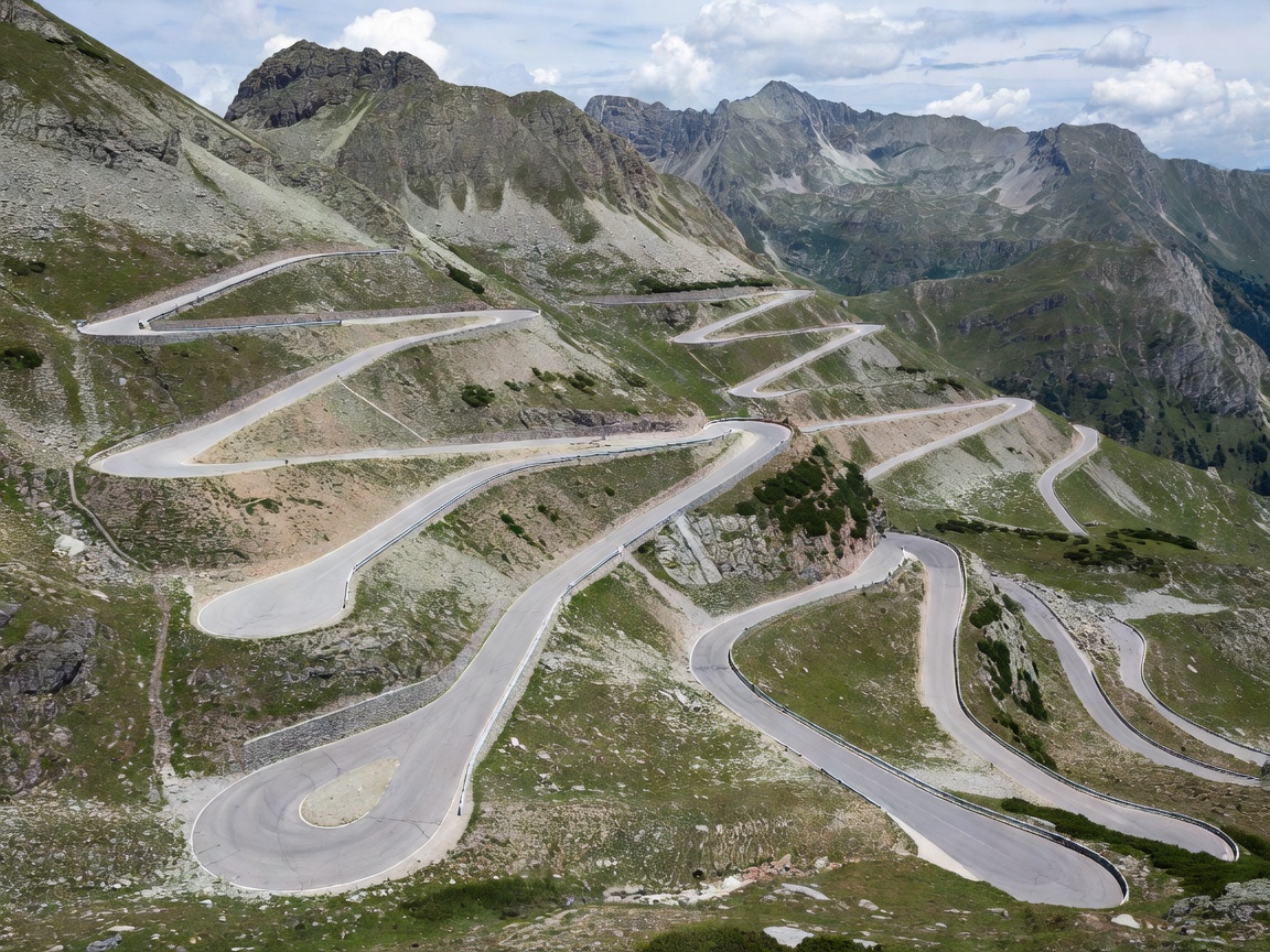 Stelvio Pass tight zig-zag hairpins in Northern Italy
